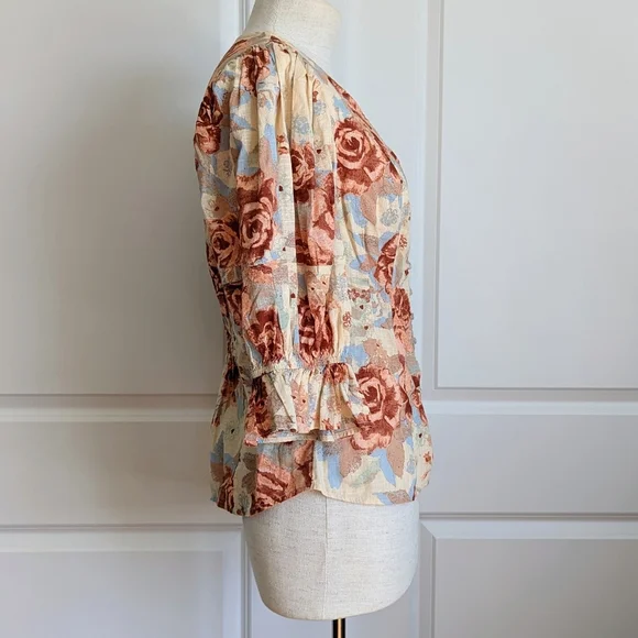 Free People Top Blouse Short Sleeve Deep V-Neck Floral Print Linen Ivory L NWT - Picture 5 of 16